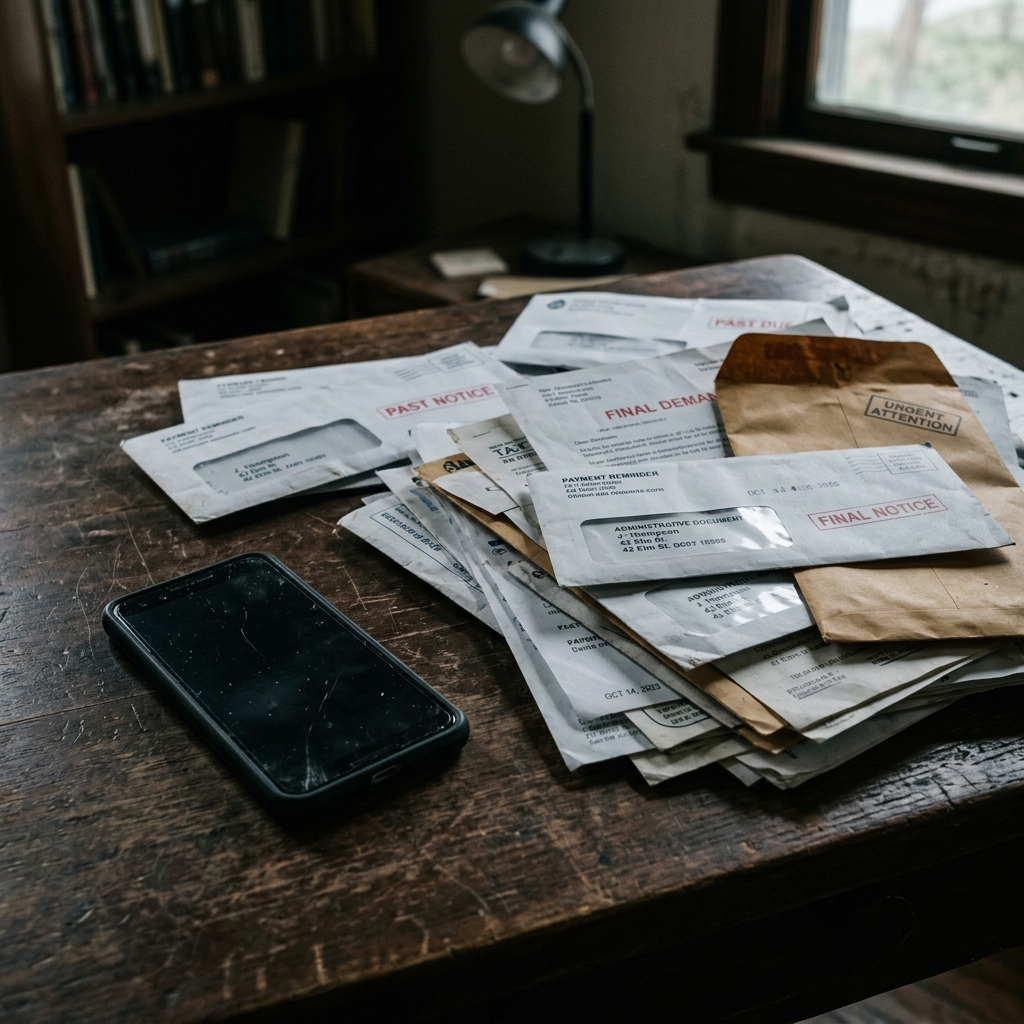 放置されたスマートフォンと積み上がる請求書